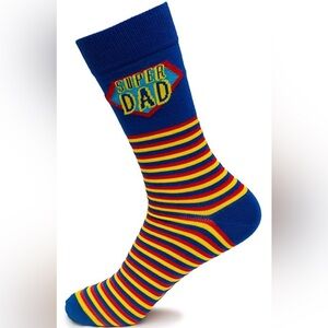 Super Dad Novelty Crew Socks Striped Blue Yellow Red Unisex